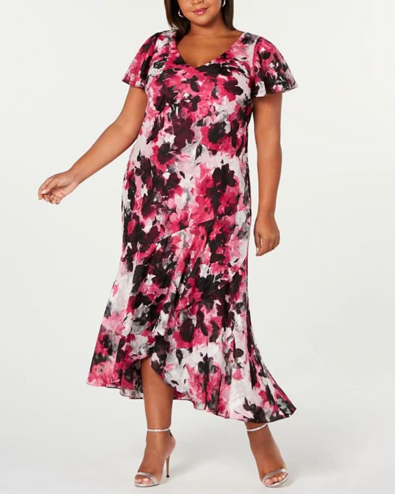 Front of a model wearing a size 14W Alex Evenings Women's Plus Printed High Low Dress Pink Size 14W in Pink by Alex Evenings. | dia_product_style_image_id:312518